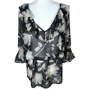 BISOU BISOU BLACK & CREAM FLORAL SHEER BLOUSE SZ.L EUC